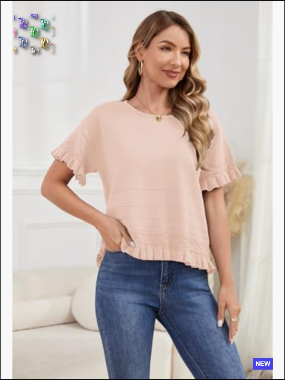 Oversized Knit Cropped Sweater Short Sleeve Crewneck Ruffle Hem Blouse - Picture 3 of 7